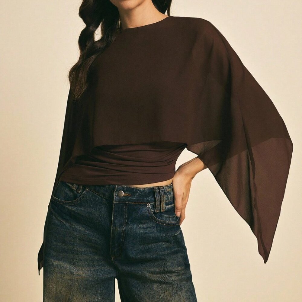 Brown Casual Elegant Women's Shawl Collar Batwing Sleeve Top - Picture 6 of 7